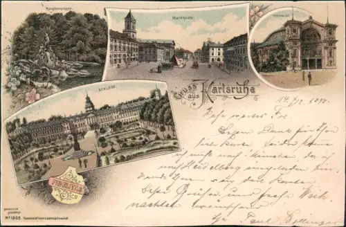 Ansichtskarte Litho AK Karlsruhe Gruss aus... Schloß Markt Festhalle 1898