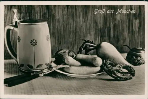 Ansichtskarte München Brotzeit Brezn Wurst Bierseidel 1937
