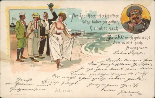 Ansichtskarte Litho AK Scherzkarte Frau am Strand Männer 1906