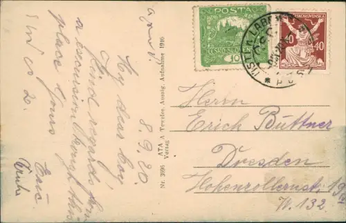 Postcard Wannow-Aussig Vaňov Ústí nad Labem Elbpartie - Lampe 1920