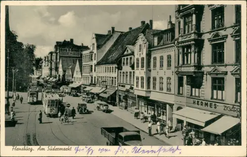 Ansichtskarte Flensburg Südermarkt Straßenbahn Geschäfte 1954
