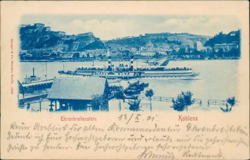 Ehrenbreitstein-Koblenz Rhein-Schiff Dampfer Blaudruck 1901