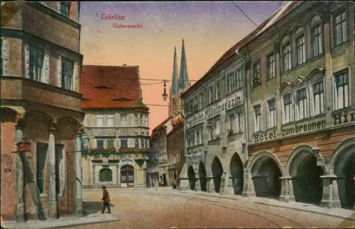 Ansichtskarte Görlitz Zgorzelec Untermarkt Hotel zum braunen Hirsch 1930