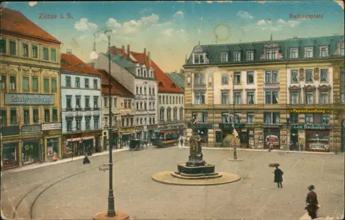 Ansichtskarte Zittau Rathausplatz, Geschäfte 1915  gel. Feldpost