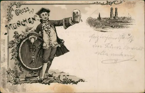Ansichtskarte Litho AK München Hofbrau Mann Stadt Gruss aus... 1911
