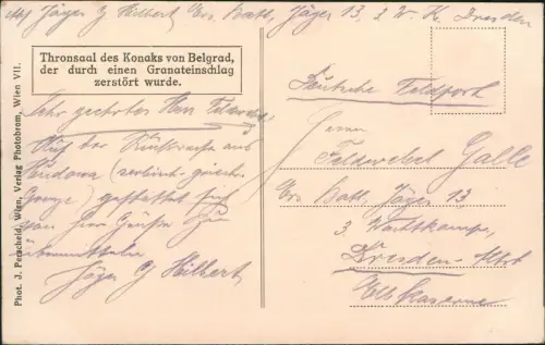 Postcard Belgrad Beograd (Београд) Thronsaal des Konaks WK1 1917