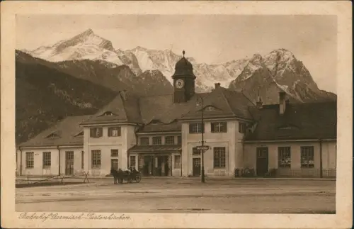 Ansichtskarte Garmisch-Partenkirchen Bahnhof Kutsche 1922