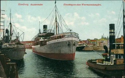 Ansichtskarte Hamburg Baakenhafen Einschleppen eines Woermanndampfer 1915