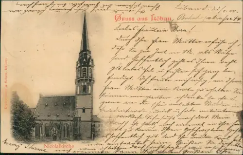 Ansichtskarte Löbau Partie an der Nicolaikirche 1900  gel. Bahnpoststempel