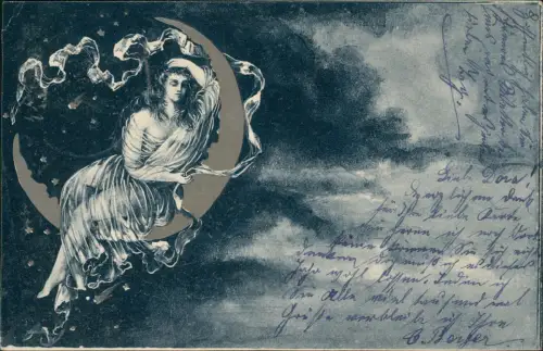 Ansichtskarte  Künstlerkarte schöne Frau auf Sichelmond Erotik Silber 1900