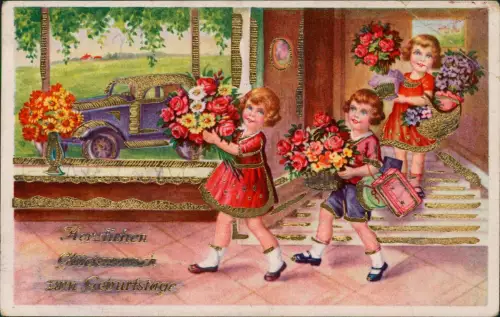 Ansichtskarte  Geburtstag Birthday Kinder mit Blumen 1938 Gold