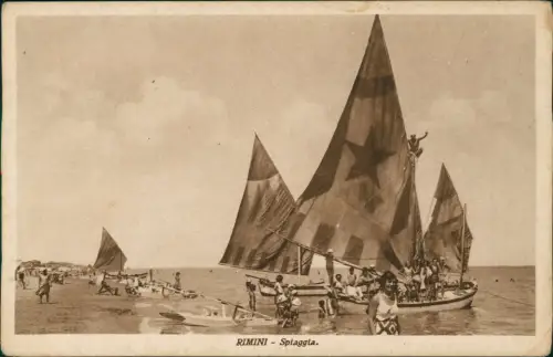 Cartolina Rimini Spiaggia - Segelboote, Strand 1933