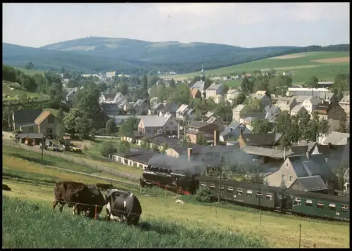 Oberwiesenthal Neudorf (Erzgebirge) mit Dampfzug und Blick zum Fichtelberg 1995