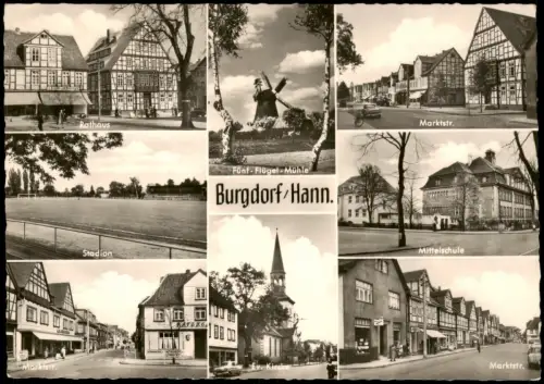 Ansichtskarte Burgdorf (Han) MB: Windmühle Marktstraße Stadion 1958