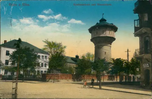 Ansichtskarte Riesa Knabenschule and Wasserturm. 1913
