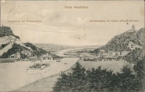 Porta Westfalica Jacobsberg mit Bismarckturm. Schiff Künstlerkarte 1914