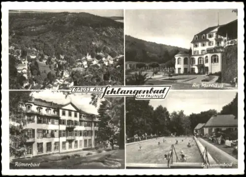 Ansichtskarte Schlangenbad 4 Bild Römerbad Schwimmbad Kurhaus 1958