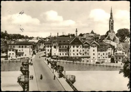 Ansichtskarte Bad Tölz Stadtpartie Isarbrücke 1957