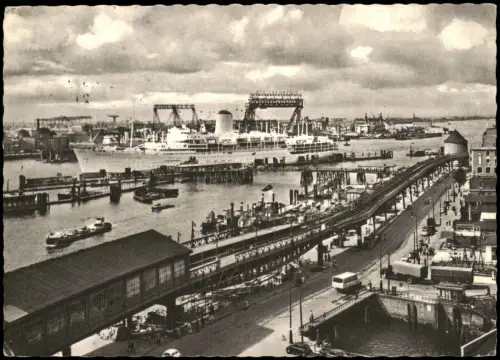 Ansichtskarte Hamburg Vorsetzer Überseebrücke Schiff und Hochbahn 1957