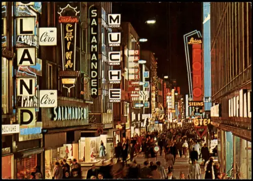 Ansichtskarte Köln Hohe Straße belebt bei Nacht Leuchtreklame 1978