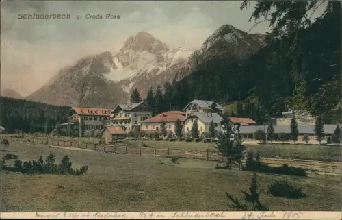 Cartolina Schluderbach-Toblach Dobbiaco Ortsansicht mit Croda Rosa 1905