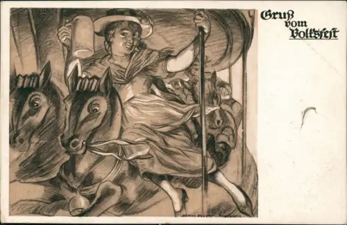 Ansichtskarte  Gruss vom Volksfest Künstklerkarte 1928  gel. Stempel Elbach