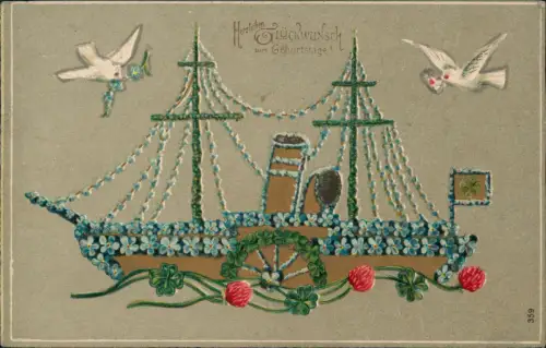 Glückwunschkarte: Blumengeschmückter Dampfer 1910 Goldprägung