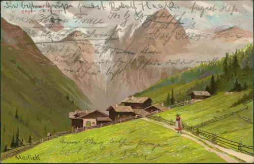 Trafoi-Stilfs Trafoi  die Ferner mit Almhütten Wanderin 1903 Mailick  Goldrand