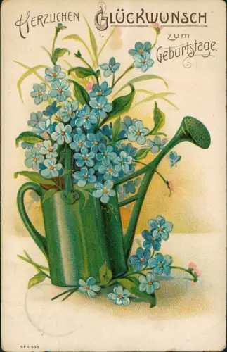 Ansichtskarte  Geburtstag Birthday Blumen in Giesskanne 1907 Prägekarte
