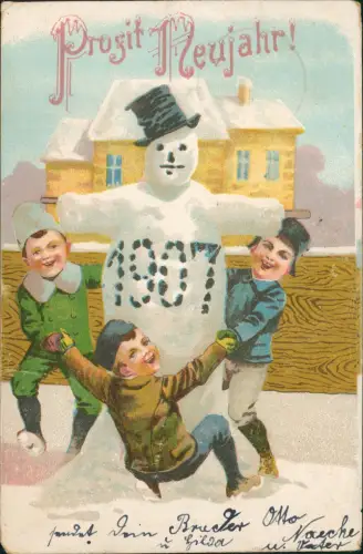 Ansichtskarte  Neujahr Sylvester New Year Kinder tanzen um Schneemann 1906