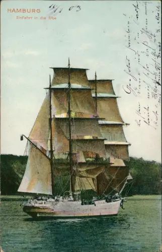 Ansichtskarte Hamburg Segelschiff bei der Einfahrt in die Elbe 1903