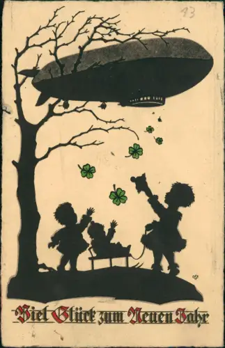 Neujahrsgruß: Zeppelin und Kinder mit Glücksklee Schattenschnitt 1910