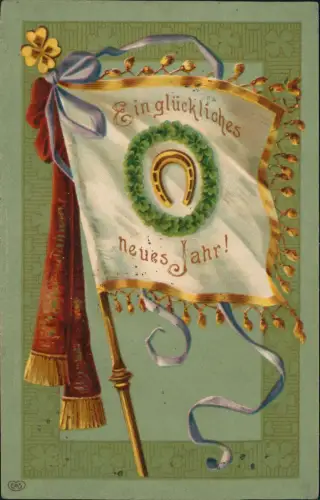 Neujahrsgrußkarte mit Glückssymbolen auf einer heroischen Fahne 1915
