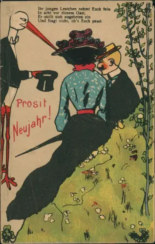 Ansichtskarte  Allegorischer Neujahrsgruß mit Storch und Paar 1905