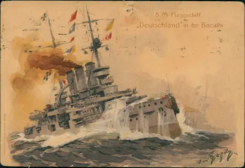 Ansichtskarte  S.M. Flaggschiff Deutschland in der Biscaya MARINE 1911