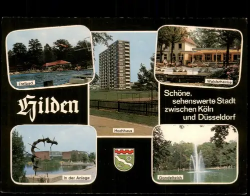 Hilden Mehrbild-AK mit Hochhaus Freibad Waldschenke Gondelteich 1970