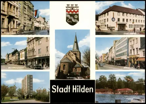 Hilden MB Ortsansichten Mittelstrasse Städt. Sparkasse Freibad ref.Kirche 1965