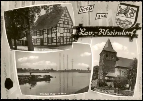 Rheindorf-Leverkusen MB: Fachwerkhaus Mündung Rhein u. Wupper Strommasten 1968
