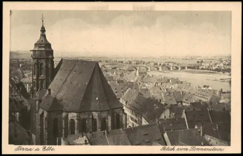 Ansichtskarte Pirna Blick vom Sonnenstein auf Marienkirche und Elbe 1920