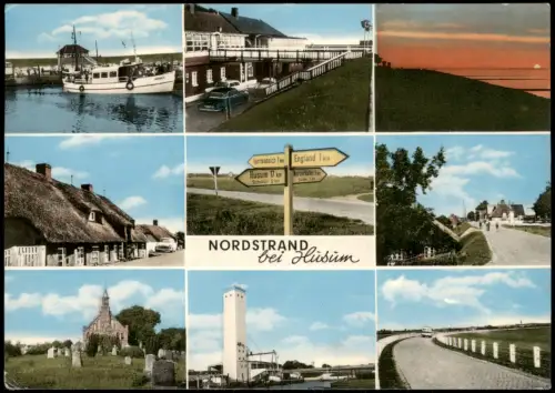 Ansichtskarte Nordstrand Schiff, Fischerhaus, Straße, Hafen 1968