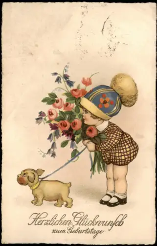 Herzlichen Glückwunsch Geburtstag Mädchen mit Hund bringt Rosen 1929