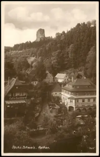 Rathen Panorama-Ansicht Blick auf Café-Conditorei u. Kolonialwaren-Geschäft 1928