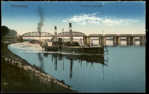Ansichtskarte Lutherstadt Wittenberg Partie an der Elbe Brücke Dampfer 1914