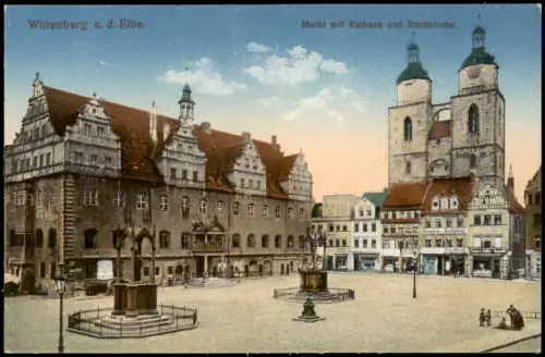 Ansichtskarte Lutherstadt Wittenberg Marktplatz und Geschäfte 1914