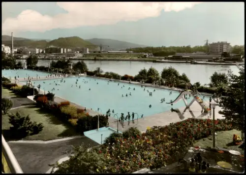 Ansichtskarte Grenzach-Wyhlen Strandbad, Industrieanlagen Colorfotokarte 1968