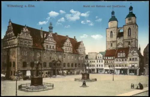 Ansichtskarte Lutherstadt Wittenberg Marktplatz und Geschäfte 1914