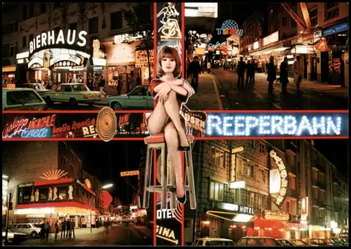 St. Pauli-Hamburg Reeperbahn bei Nacht Leuchtreklame Frau auf Stuhl 1972