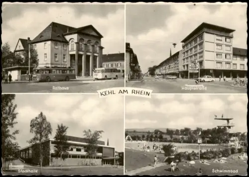 Ansichtskarte Kehl (Rhein) 4 Bild Hauptstraße Bus Kiosk Schwimmbad 1969