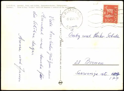 Arendal Ortsansicht, Parti ved Pollen Sjømannsskolen i bakgrunnen. 1974