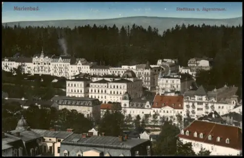 Postcard Marienbad Mariánské Lázně Stadthaus und Jägerstrasse 1915